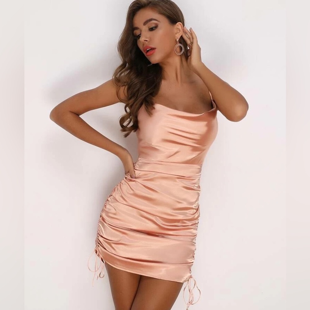 Joyfunear Ruched Drawstring Knot Satin Dress